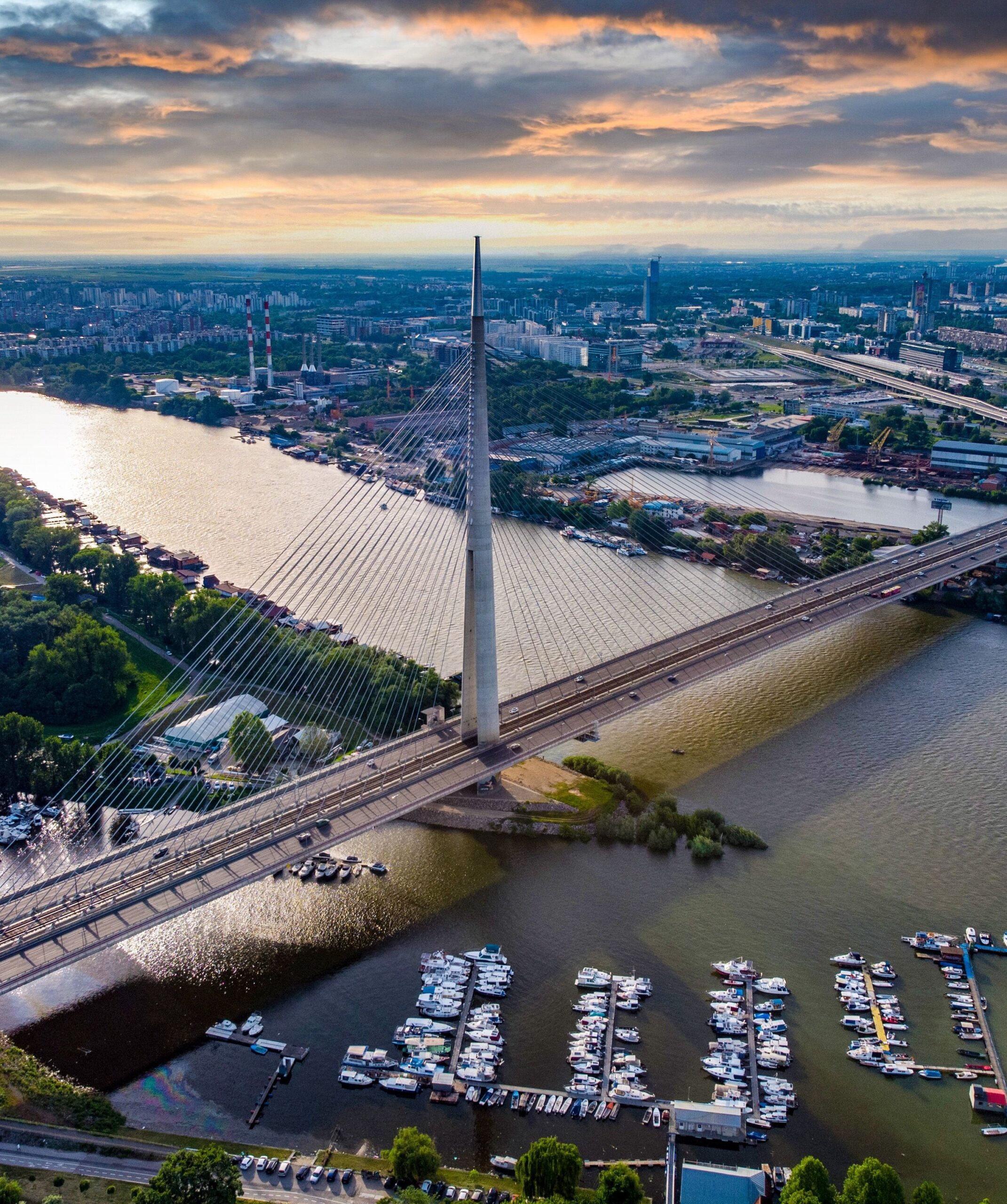 An aerial view of the Ada’s bridge over Sava river. Belgrade, Serbia