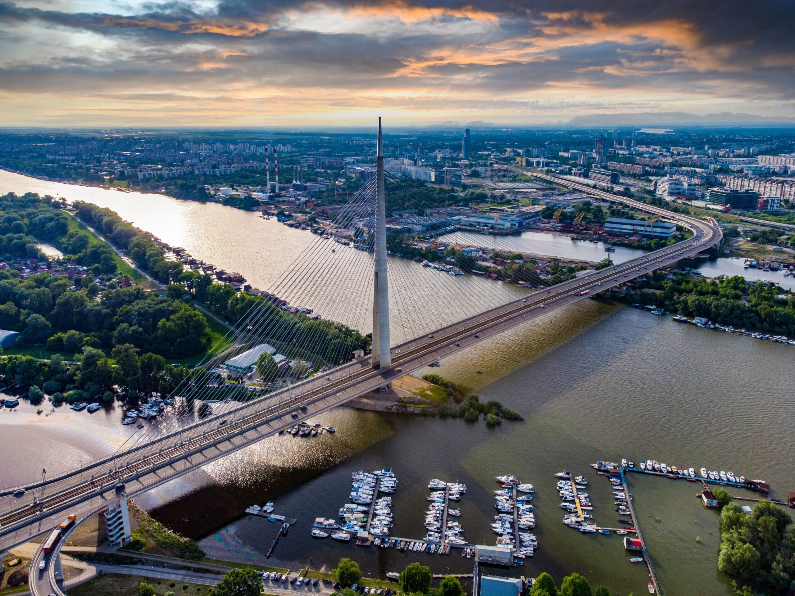 Aerial view of the Ada’s bridge over Sava river. Belgrade, Serbia